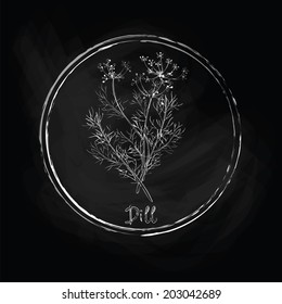Vector dill sprigs, imitation of chalk on the surface of the slate. Dark dill. Vector illustration