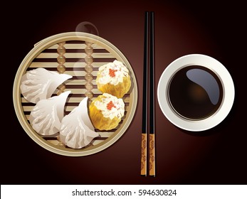 Vector of Dim Sum in Bamboo Steamer with chopsticks and sauce on brown background.