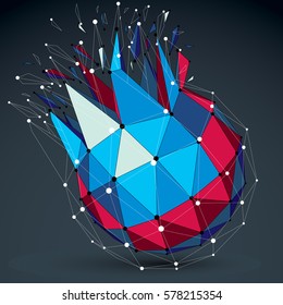 Vector dimensional colorful wireframe object, demolished low poly shape with fractures and wreckage. 3d lines mesh digital technology element broken into pieces.