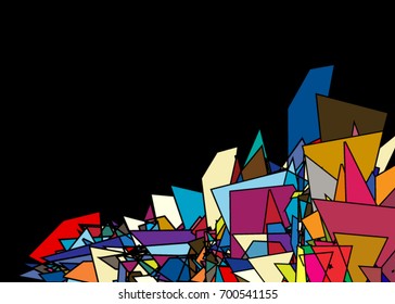 Vector dimensional colorful wireframe object, demolished low poly shape with fractures, wreckage. lines mesh digital technology element broken into pieces. Vector low poly shattered design element.