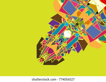 Vector dimensional colorful wireframe object, demolished low poly shape with fractures, wreckage. lines mesh digital technology element broken into pieces. Abstract colorful connected lines and dots. 