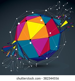 Vector dimensional colorful wireframe spherical object, demolished low poly shape with fractures and wreckage. 3d lines mesh digital technology element broken into pieces.