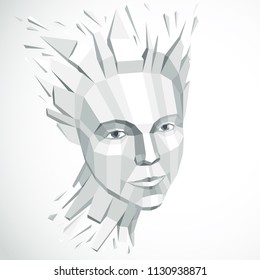 Vector dimensional low poly female portrait, graphic monochrome illustration of human head broken into fragments. 3d demolished object created with fractures and different particles. 