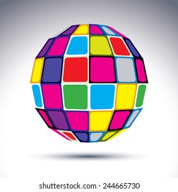 Vector dimensional modern abstract object, 3d disco ball. Psychedelic vivid globe created with colorful squares.