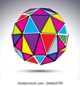 Vector dimensional modern abstract object, 3d disco ball isolated on white background. Psychedelic vivid globe with bright isosceles triangles, kaleidoscope effect.