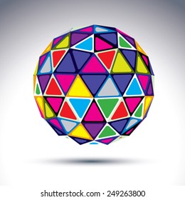 Vector dimensional modern abstract object, 3d disco ball. Psychedelic rich globe constructed from bright isosceles triangles with outline, kaleidoscope element.