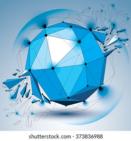 Vector dimensional wireframe blue object with radiance circles, spherical demolished shape with particles and wreckage. 3d black lines mesh element broken into pieces. Digital technology art.