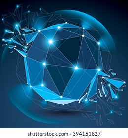 Vector dimensional wireframe blue object with radiance circles, spherical demolished shape with particles and wreckage. 3d black lines mesh element broken into pieces. Digital technology art.