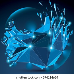 Vector dimensional wireframe blue sparkling object with radiance circles, demolished shape with particles and wreckage. 3d white lines mesh element broken into pieces. Digital technology art.
