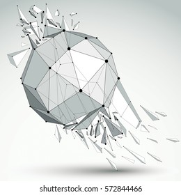 Vector dimensional wireframe grayscale object, spherical demolished shape with refractions and wreckage. 3d mesh technology element broken into pieces.