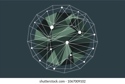 Vector dimensional wireframe low poly object, green spherical shape, sphere. Technology 3d mesh element
