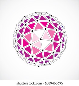 Vector dimensional wireframe low poly object, purple spherical shape with black grid. Technology 3d mesh element made using triangular facets for use as design form in engineering.