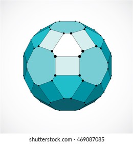 Vector dimensional wireframe low poly object, spherical green facet shape with black grid. Technology 3d mesh element made using pentagons for use as design form in engineering.