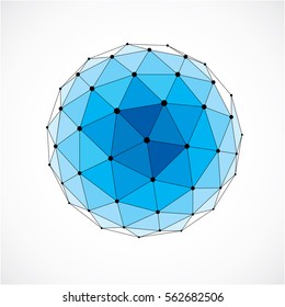 Vector dimensional wireframe low poly object, blue spherical shape with black grid. Technology 3d mesh element made using triangular facets for use as design form in engineering.
