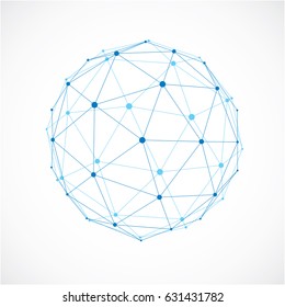 Vector dimensional wireframe low poly object, spherical blue facet shape with black grid. Technology 3d mesh element made using triangles for use as design form in engineering.