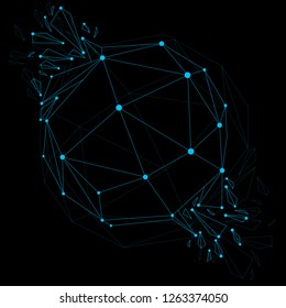 Vector dimensional wireframe luminescent object with blue connected lines, spherical demolished shape with refractions and wreckage. 3d mesh global technology element broken into pieces.