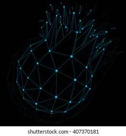 Vector dimensional wireframe luminescent object with blue connected lines, spherical demolished shape with refractions and wreckage. 3d mesh global technology element broken into pieces.