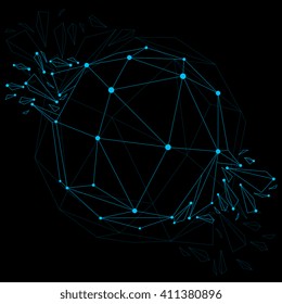 Vector dimensional wireframe luminescent object with blue connected lines, spherical demolished shape with refractions and wreckage. 3d mesh global technology element broken into pieces.