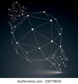 Vector dimensional wireframe luminescent object with white connected lines, spherical demolished shape with refractions and wreckage. 3d mesh global technology element broken into pieces.