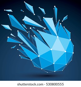 Vector dimensional wireframe luminescent object with blue connected lines, spherical demolished shape with refractions and wreckage. 3d mesh global technology element broken into pieces.