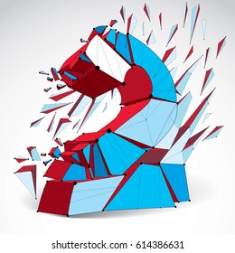Vector dimensional wireframe number 2, colorful demolished digit with fragments. 3d mesh technology element broken into pieces.