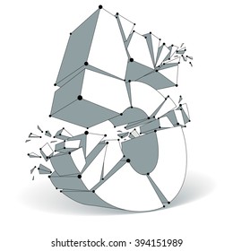 Vector Dimensional Wireframe Number 5, Monochrome Demolished Digit With Fragments. 3d Mesh Technology Element Broken Into Pieces.