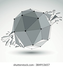 Vector dimensional wireframe object, spherical demolished shape with refractions and wreckage. 3d mesh technology element broken into pieces.
