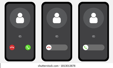 Vector dimensionless graphics. IPhone call screen set. Interface, slide to answer. Accept button, reject button. Incoming call. IPhone iOS Call Screen Template. Smartphone, screen phone call.