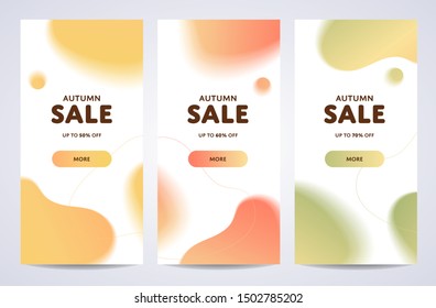 Vector dinamic liquid autumn color sale vertical banner template set. Abstract shape on season discount flyer layout collection. Design special offer illustration for poster, leaflet, voucher.