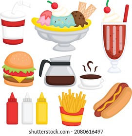 Un vector de alimentos y bebidas para los comensales