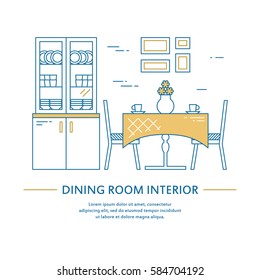 Vector dining room interior design brochure cover in line style. Flyer home decoration. Business presentation minimalistic background. Magazine catalog geometric house elements. Poster or booklet