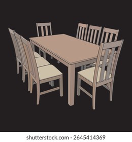 Mesa de comedor de Vector con sillas: ilustración moderna de muebles de madera para proyectos de diseño de interiores y decoración del hogar