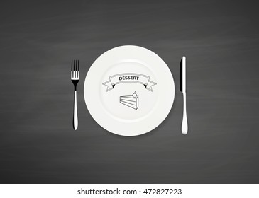 Vector dinner plate on black chalkboard, with Icon knife and fork, Can be use Restaurant menu design
