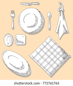 Vector Dinner Set kitchen utensils illustration with Hand Drawn Doodle Style Sketch .