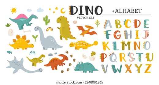 Vector Dino collection with alphabet. Funny comic font in simple hand drawn cartoon style. A variety of childish dinosaurs characters. Colorful isolated doodle in bright palette.