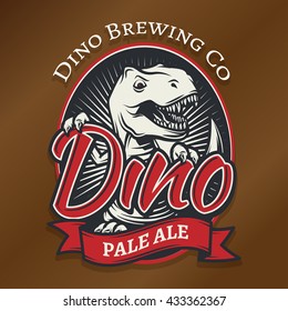 Vector dino craft beer logo concept. T-rex bar insignia design. Pale ale label template. Vintage Jurassic period illustration. Tyrannosaurus T-shirt badge