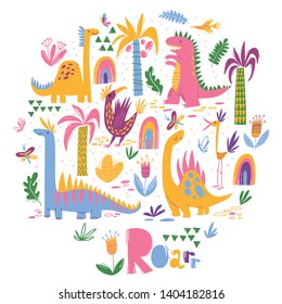 Vector dino illustration with cute dinosaurs. Funny kids room poster. Great for kids room decoration or t-shirt design. 