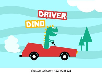Vector dino on car cartoon concept design illustration