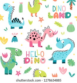  Vector dino seamless background for kids. Child drawing style cartoon illustration. Design for fabric, textile, decor. Vector illustration.