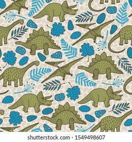 Vector dino seamless pattern in green and blue. Simple doodle dinosaur, leaf and rock hand drawn made into repeat. Great for background, wallpaper, wrapping paper, packaging, kids fashion.