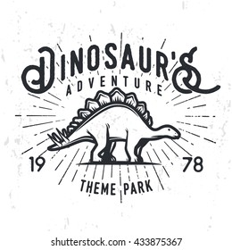 Vector dinosaur adventure logo concept. Stegosaurus theme park insignia design. Jurassic period illustration. Vintage T-shirt badge on grunge background.