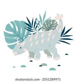 Vector dinosaur in armor Ankylosaurus with palm and monsterrra leaves, t shirt print design, poster, card, party invitation
