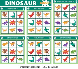 Conjunto de placas de bingo de dinossauro vetorial. Família jogo de tabuleiro de loteria com Pterodactyl, Stegosaurus, Triceratops, T-Rex para crianças. Atividade de loteria pré-histórica. Planilha simples imprimível educacional
