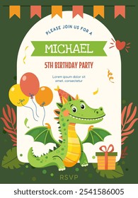 Vector dinosaur birthday invitation template. Kids birthday invitation card design with cute happy cartoon dinosaur or dragon, poster, banner.Colorful text.
