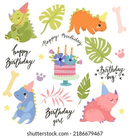 Vector Dinosaur Birthday Set. Cute Baby Dinosaur Clipart. Kids Party, Happy Birthday. Funny Dino, Baby Shower