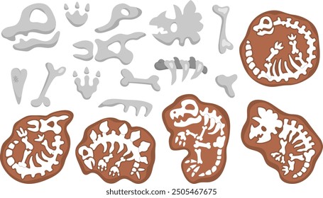 Vector dinosaur bones, skeletons and skulls set. Cute prehistoric animal fossil icons collection. Dino burial and tombs illustrations. Archaeologists or paleontologist elements for kids