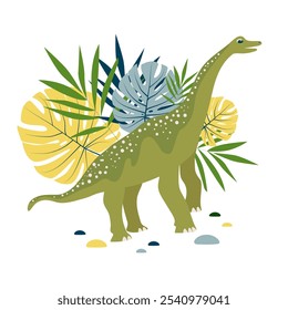 Vector dinosaur Brachiosaurus with palm and monstera leaves, t shirt print design, poster, card, party invitation
