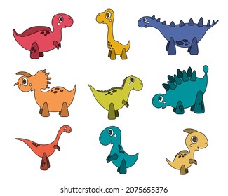 Vector dinosaur collection. Cute cartoon Dino character. Isolated kids illustrations for stickers, print, pattern, decor