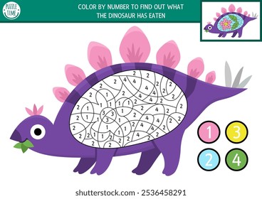 Vector dinosaur color by number activity with stegosaurus and food in his stomach. Prehistoric black and white counting or coloring game. Simple coloring page for kids with ancient animal
