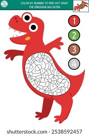 Dinossauro vetorial colorido por atividade numérica com T-rex e comida em seu estômago. Jogo pré-histórico de contagem ou coloração de preto e branco. Página de coloração simples para crianças com tiranossauro e o que ele comeu